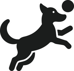 Black silhouette design of a playful dog leaping and reaching for a round ball in an active motion