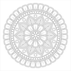 A detailed mandala design featuring floral patterns, circular shapes, and intricate line work. Ideal for coloring books or art therapy.