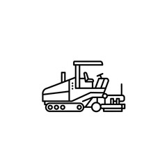 Naklejka premium A detailed line art illustration depicts an asphalt paver, a construction vehicle designed for laying down asphalt for roads and other surfaces, isolated on a white background.