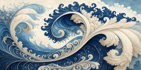 Delicate fluid art in cobalt and ivory tones forms abstract blue and white wave design with elegance
