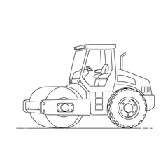 Naklejka premium A detailed line art illustration of a heavy road roller, a powerful construction vehicle used for compacting surfaces, isolated on a clean white background.