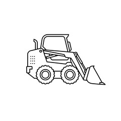 Naklejka premium A simple, linear illustration of a yellow skid-steer loader, commonly used in construction and landscaping, presented on a clean white background.
