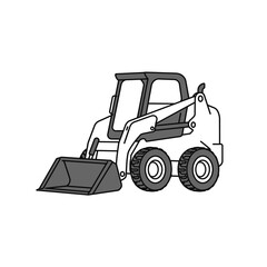 Naklejka premium A compact white skid steer loader with a front bucket is depicted in a clean, isolated graphic illustration on a white background.