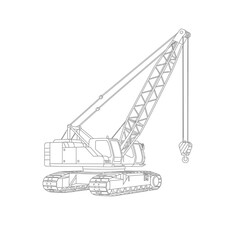 A detailed line drawing depicts a crawler crane, a heavy-duty construction machine, isolated against a clean white background, perfect for industrial design.