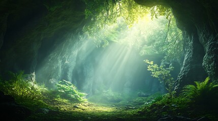 Mystical forest cave entrance with sunbeams illuminating lush greenery