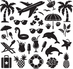 Vintage vector set of nautical and pirate sea travel icons with ship, boat, sun, and lighthouse illustrations, perfect for summer beach vacation patterns or ocean sketches