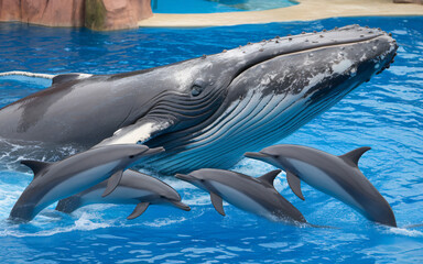 Naklejka premium Whale and dolphin show sea life marine animals ocean aquatic wildlife