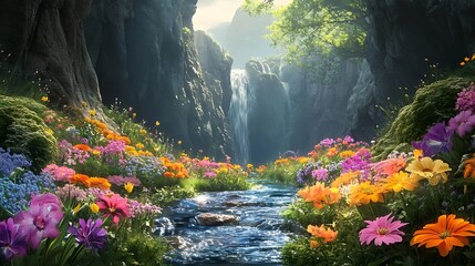 Enchanted forest stream with vibrant flowers and cascading waterfall