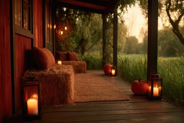 Fototapeta premium Warm lantern light illuminates cozy porch adorned with pumpkins