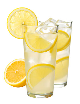 Two glasses of refreshing lemonade with lemon slices and ice isolated on transparent background.