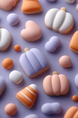Colorful assortment of cute, stylized pumpkins and candy shapes