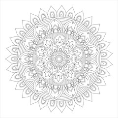 A detailed black and white mandala design featuring a central flower surrounded by intricate patterns and leaves
