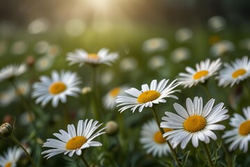 Fototapeta premium Sunlit field of white daisies in soft focus