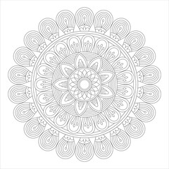 A detailed black and white mandala design featuring intricate floral patterns and symmetrical shapes, suitable for coloring or artistic projects.