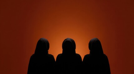 Fototapeta premium Silhouettes of three figures against glowing orange backdrop cre
