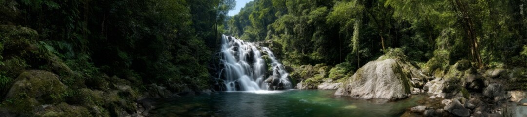 Obraz premium Majestic waterfall action panorama nature landscape hdr 360 degrees viewpoint in lush forest