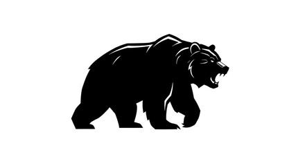 A stylized black silhouette of a fierce, roaring grizzly bear in a walking pose.