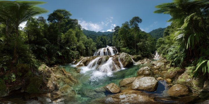 Panoramic 360 degree hdr waterfall experience lush nature vibrant jungle environment