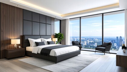 Fototapeta premium Modern bedroom suite with city view, featuring a large bed, dark wood accents, and floor-to-ceiling windows