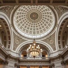 Grand Interior Dome Architecture with Ornate Details and Chandelier Lighting