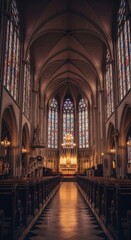 A Serene Journey Through the Grand Nave of a Historic Gothic Cathedral Filled with Warm Light