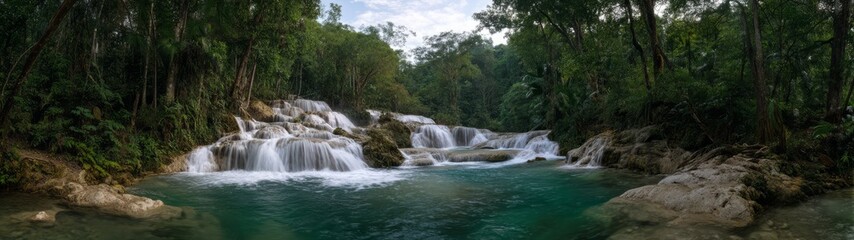 Fototapeta premium Cascading waterfalls adventure lush forest hdr panoramic views nature 360 degree landscape