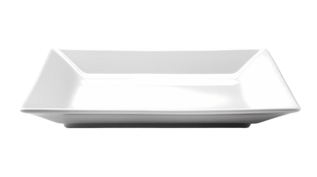 A close up of a square white empty ceramic plate isolated on transparent background