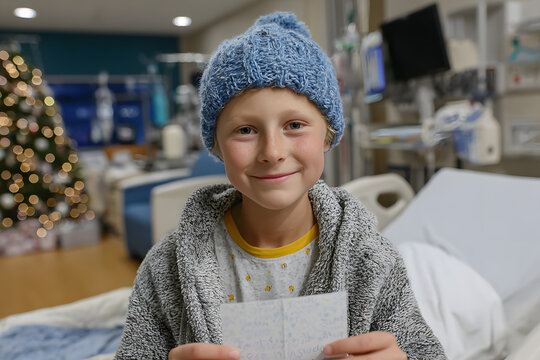 Smiling young boy in blue santa hat holding a get well soon card in a hospital room with a christmas tree