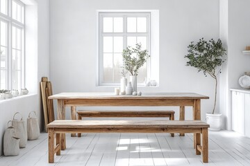 Rustic dining table and bench set in a white room, exemplifying Scandinavian dining room design with clean lines and minimal decor. Created with, Generative AI
