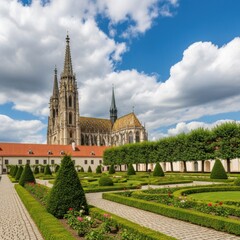 A majestic Gothic cathedral with manicured French formal gardens under a cloudy blue sky