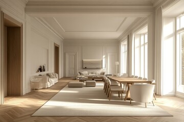 Scandinavian apartment with parquet flooring and a minimalist dining area, designed for a modern living room. Created with, Generative AI