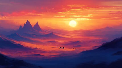 Majestic sunset glows over fantasy mountain range with vibrant colors for dramatic sky surreal landscape magical atmosphere breathtaking nature ethereal beauty concept.