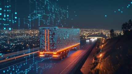 Futuristic semi-truck at night on a highway.