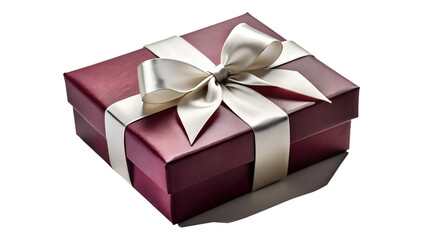 Obraz premium A luxurious dark red gift box with a shimmering gold ribbon and bow, isolated on a transparent background