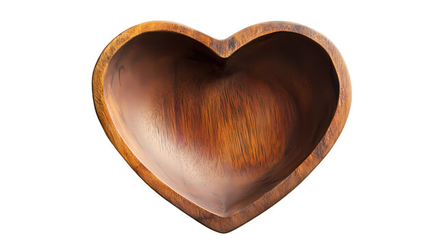 A top down view of a heart shaped empty wooden bowl isolated on transparent background