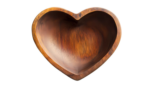 A top down view of a heart shaped empty wooden bowl isolated on transparent background