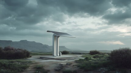 Futuristic Solar Charging Station In Desolate Landscape Under Cloudy Sky Sustainable Energy