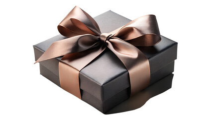 Obraz premium A luxurious dark gift box tied with a shimmering bronze ribbon and bow, isolated on a transparent background