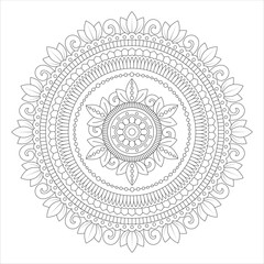 A detailed black and white mandala design featuring intricate floral patterns and symmetrical shapes, suitable for coloring or artistic projects.