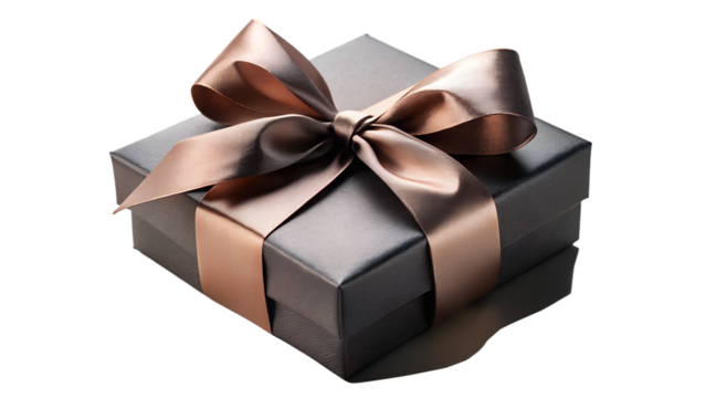 A luxurious dark gift box tied with a shimmering bronze ribbon and bow, isolated on a transparent background