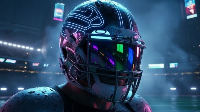 Neon Nights: Futuristic American Football Player, Cinematic Close-Up