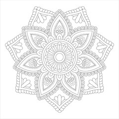 Fototapeta premium A detailed black and white mandala design featuring intricate floral patterns and symmetrical shapes, ideal for coloring or artistic projects.