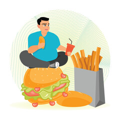 Overeating Addiction. Obese Man Sitting on Giant Burger While Holding Snacks and Drink.