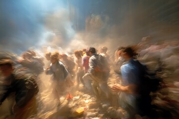 People urgently fleeing through smoke and debris, capturing the chaos and urgency of a dangerous situation