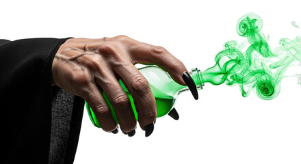 Ai generated image of witchs hand holding a glowing green potion bottle with smoke isolated on transparent background