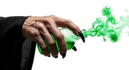 Ai generated image of witchs hand holding a glowing green potion bottle with smoke isolated on transparent background