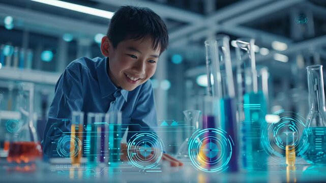 Boy exploring science laboratory with glassware filled with liquid, conducting experiment using technology for education and discovery lab environment