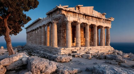 Fototapeta premium Ancient Greek Temple on Mountain Clifftop During Sunset with Warm Lighting and Rugged Terrain