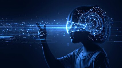 Virtual reality technology digital brain futuristic glasses child silhouette dark background advanced innovation interface headset concept - Powered by Adobe