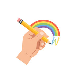 A hand holding a yellow pencil, drawing a colorful rainbow in the air.